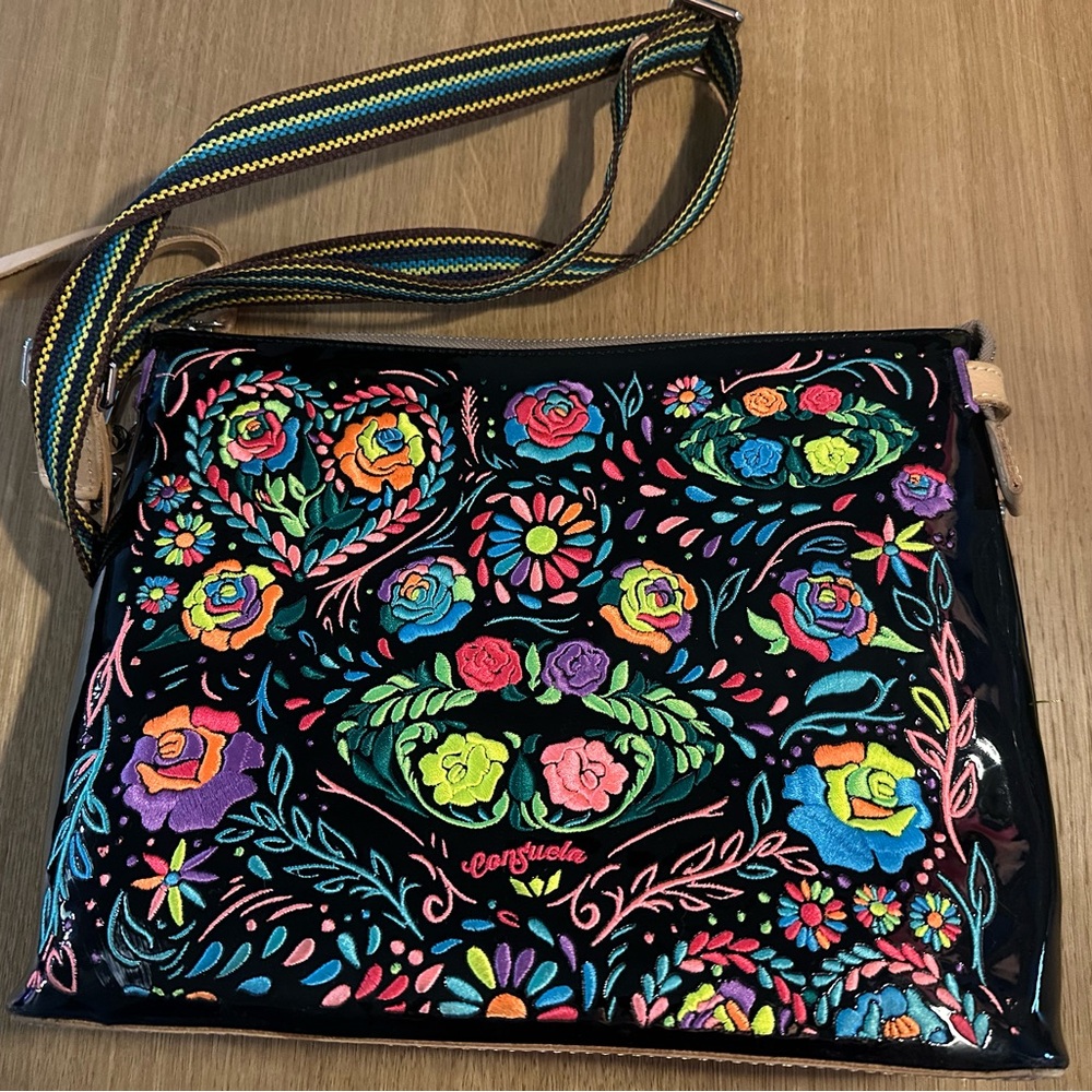 Consuela Black Multi Floral Embroidered Crossbody with Striped Strap